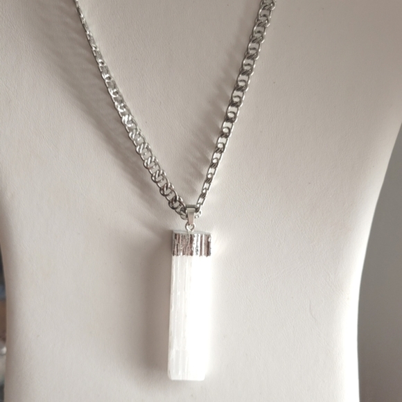 Genuine Selenite handmade on silver necklace. Unisex Handmadw - Picture 1 of 3